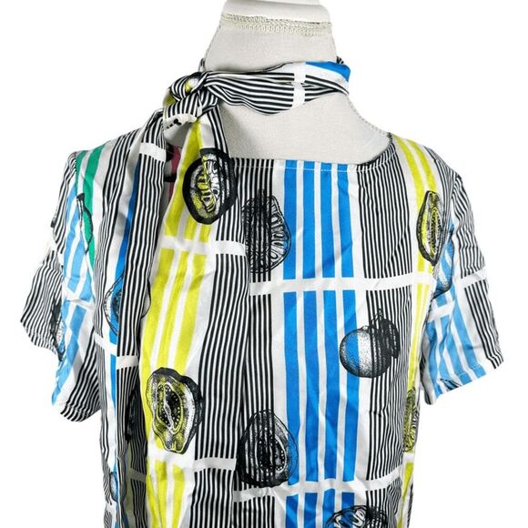 Vilagallo Colorful Stripe Fruit Slice Print Top Neck tie Silk Boxy Size 44 US 10 - Picture 3 of 11